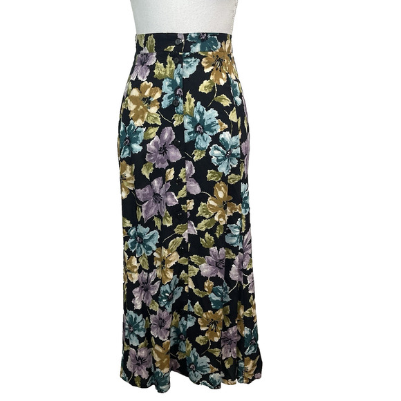 Sag Harbor Skirt size Extra Large Long Black Blue Purple Floral Button Front - Picture 1 of 11